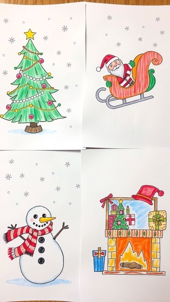A collage of Christmas-themed drawings including a tree, Santa, a fireplace, and a snowman.